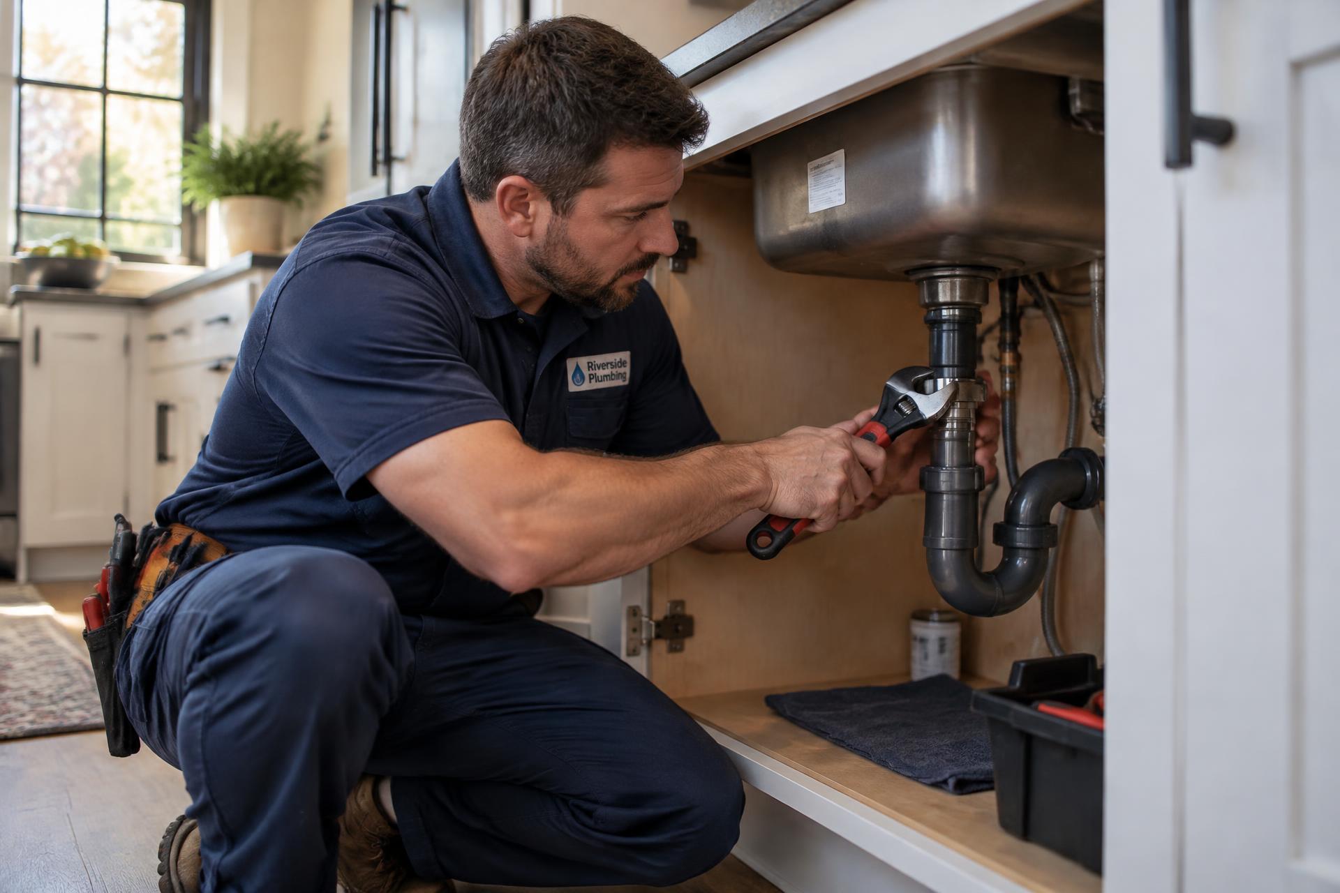 Professional plumber repairing a kitchen sink in a Lancaster home