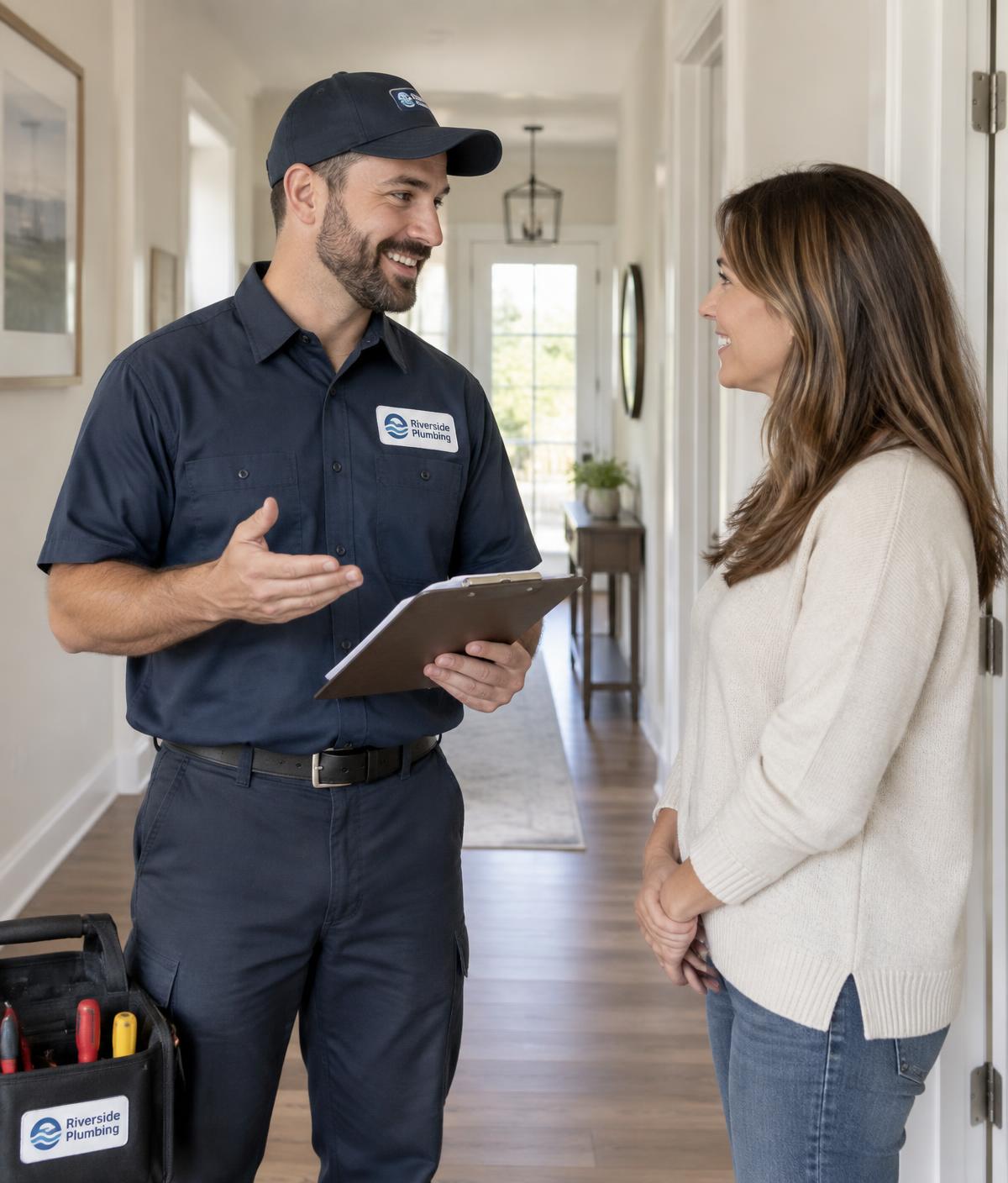 Experienced plumber speaking with a homeowner